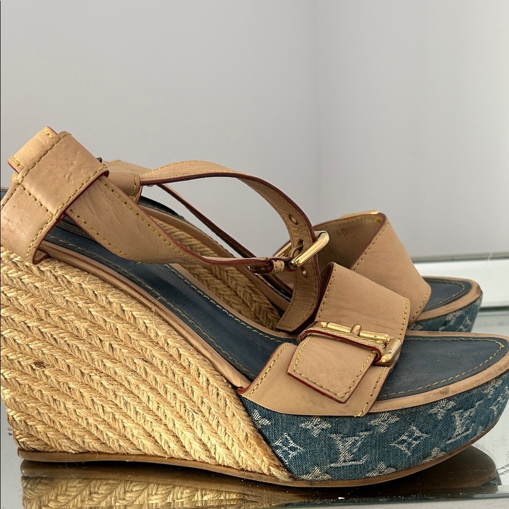 Louis Vuitton Tan and Blue Wedge Sandals